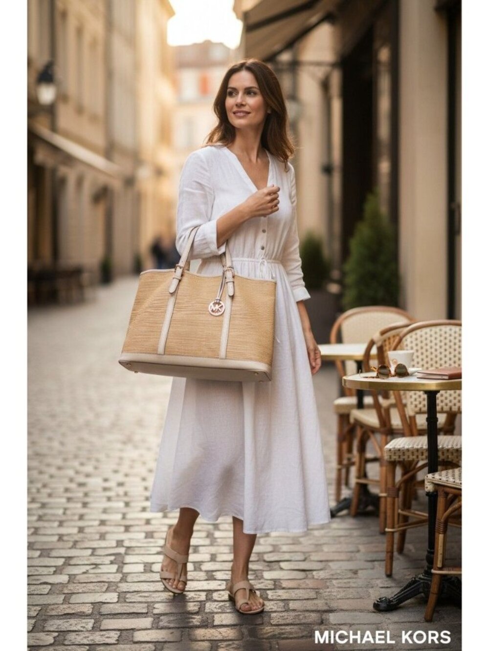 Michael Kors Straw & Leather Tote W/Gold Hardware Jet-Set Glamour Boho City Chic - Picture 6 of 12